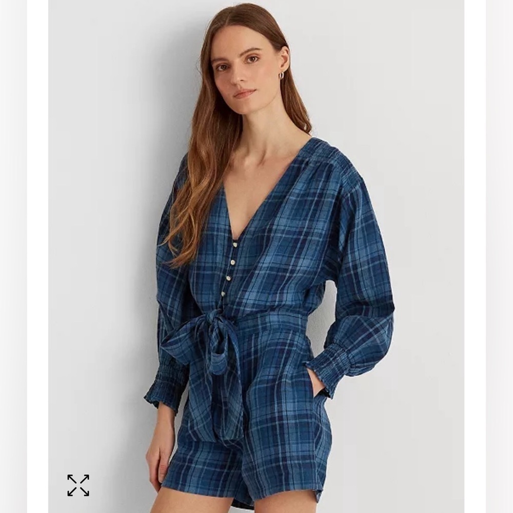 Lauren Ralph Lauren Women's Plaid Tissue Linen Romper Size 16 Blue Smocking